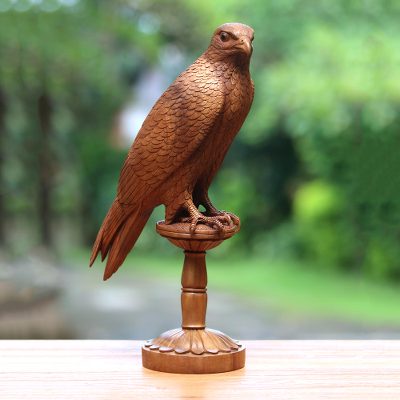 Wood sculpture, 'Watching Falcon' - Watchful Suar Wood Falcon Sculpture from Bali