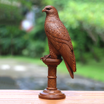 Wood sculpture, 'Majestic Falcon' - Majestic Suar Wood Falcon Sculpture from Bali