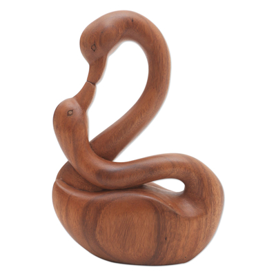Escultura en madera, 'Mamá Oca' - Escultura de ganso madre e hijo de madera de suar de Bali