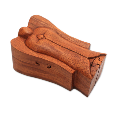Wood puzzle box, 'Angelic Protection' - Handmade Suar Wood Angel Puzzle Box from Bali