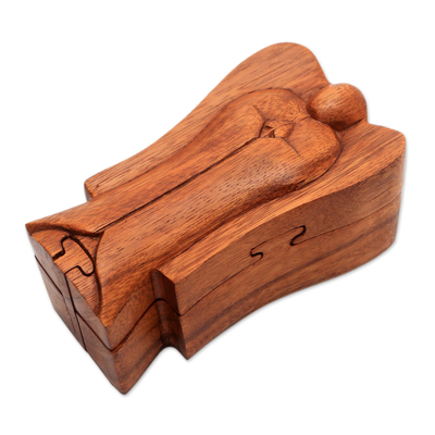 Wood puzzle box, 'Angelic Protection' - Handmade Suar Wood Angel Puzzle Box from Bali