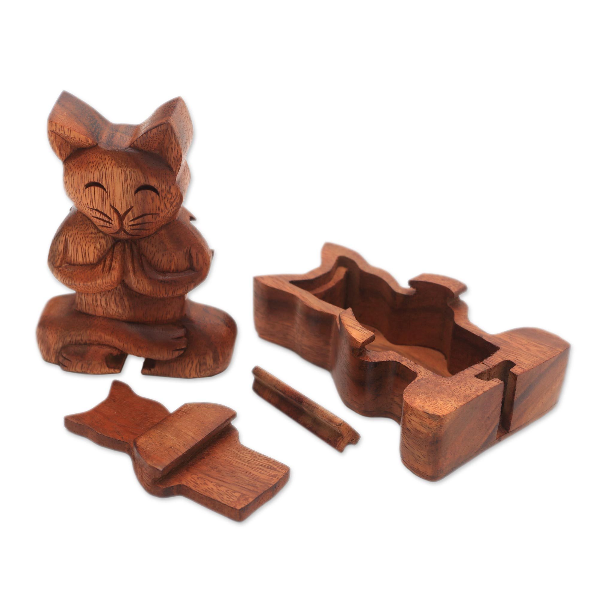 UNICEF Market Handmade Suar Wood Cat Puzzle Box from Bali