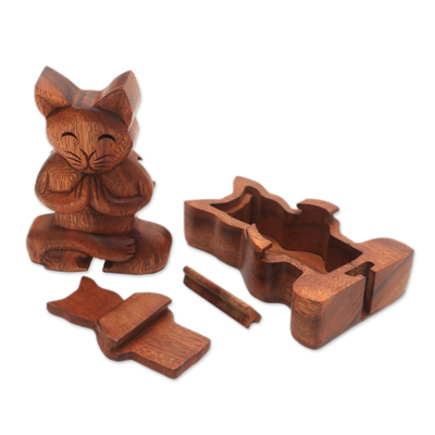 Puzzlebox aus Holz - Handgefertigte Katzen-Puzzlebox aus Suar-Holz aus Bali