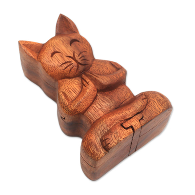 Wood puzzle box, 'Meditating Cat' - Handmade Suar Wood Cat Puzzle Box from Bali