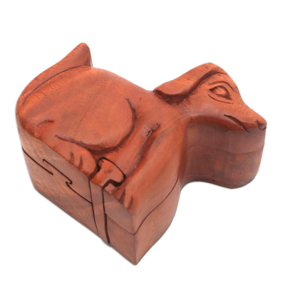 Wood puzzle box, 'Playful Dog' - Handmade Suar Wood Dog Puzzle Box from Bali