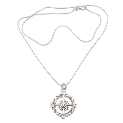 Sterling silver pendant necklace, 'Celuk Compass' - Compass-Themed Sterling Silver Pendant Necklace from Bali