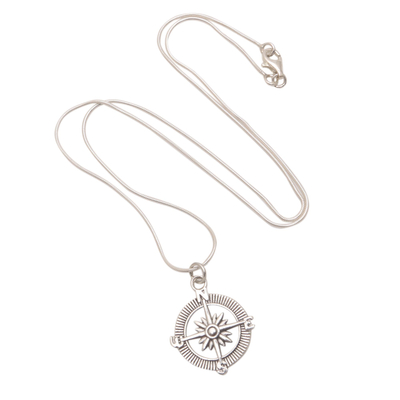 Sterling silver pendant necklace, 'Celuk Compass' - Compass-Themed Sterling Silver Pendant Necklace from Bali