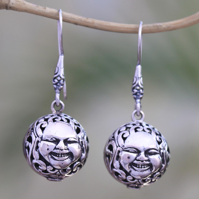 Sterling silver dangle earrings, 'Grinning Faces' - Sterling Silver Face Dangle Earrings from Bali
