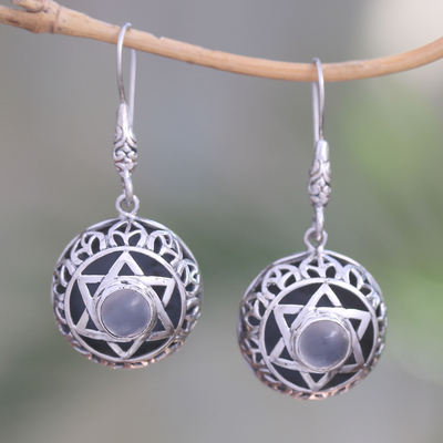 Moonstone dangle earrings, 'Six Points' - Moonstone Six-Pointed Star Dangle Earrings from Bali