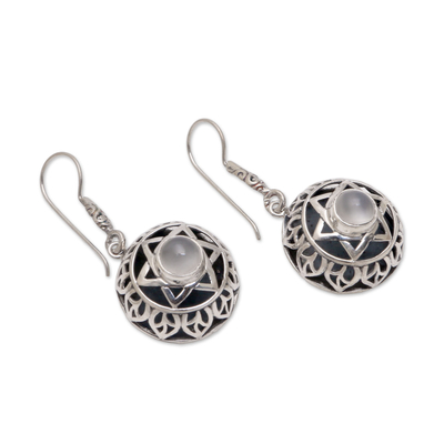 Moonstone dangle earrings, 'Six Points' - Moonstone Six-Pointed Star Dangle Earrings from Bali