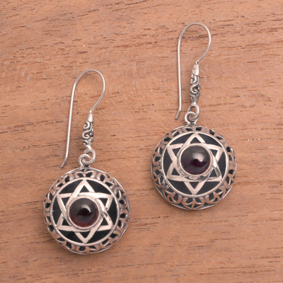 Garnet dangle earrings, 'Six Points' - Garnet Six-Pointed Star Dangle Earrings from Bali