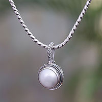 Cultured pearl pendant necklace, 'Round Luxury in White' - White Cultured Pearl Pendant Necklace from Bali