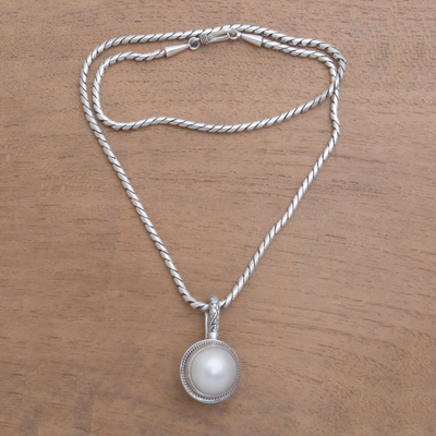 Cultured pearl pendant necklace, 'Round Luxury in White' - White Cultured Pearl Pendant Necklace from Bali