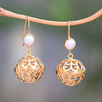 Gold plated cultured pearl dangle earrings, Glowing Lanterns
