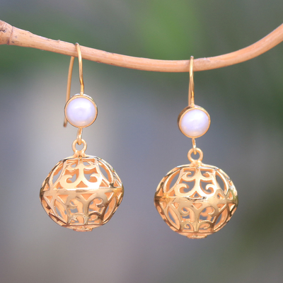 Gold plated cultured pearl dangle earrings, 'Glowing Lanterns' - Gold Plated Cultured Pearl Dangle Earrings from Bali