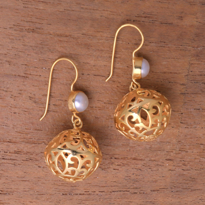 Gold plated cultured pearl dangle earrings, 'Glowing Lanterns' - Gold Plated Cultured Pearl Dangle Earrings from Bali