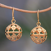 Gold plated sterling silver dangle earrings, 'Floral Lanterns' - Floral Gold Plated Sterling Silver Dangle Earrings from Bali