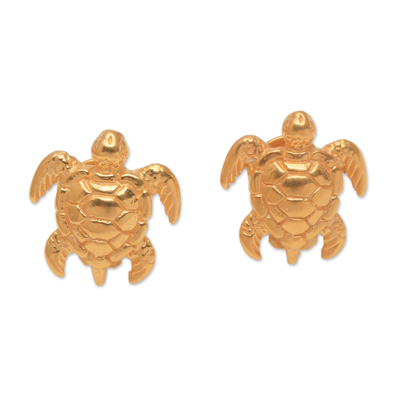Gold plated sterling silver stud earrings, 'Serangan Turtles' - Gold Plated Sterling Silver Turtle Stud Earrings