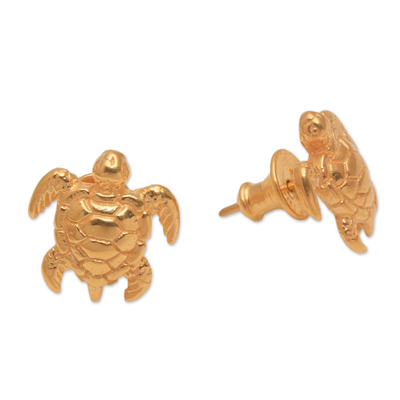 Gold plated sterling silver stud earrings, 'Serangan Turtles' - Gold Plated Sterling Silver Turtle Stud Earrings