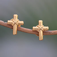 Gold plated sterling silver stud earrings, 'Regal Cross' - Gold Plated Sterling Silver Cross Earrings from Bali