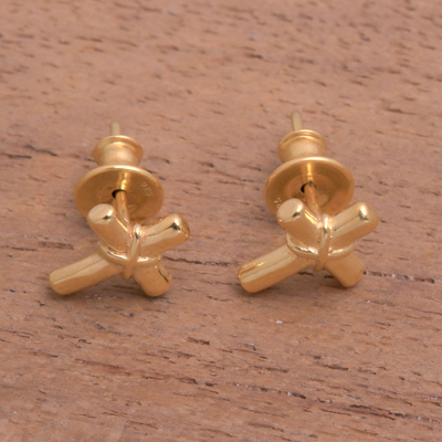 Gold plated sterling silver stud earrings, 'Regal Cross' - Gold Plated Sterling Silver Cross Earrings from Bali
