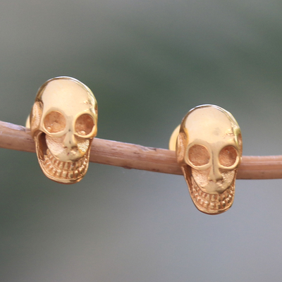 Gold plated sterling silver stud earrings, 'Skull Kingdom' - Gold Plated Sterling Silver Skull Earrings from Bali
