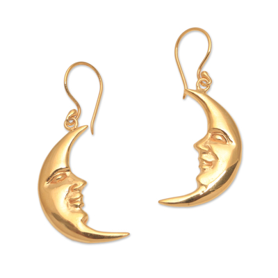 Gold plated sterling silver dangle earrings, 'Happy Moon' - Gold Plated Sterling Silver Moon Dangle Earrings from Bali