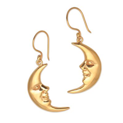 Gold plated sterling silver dangle earrings, 'Happy Moon' - Gold Plated Sterling Silver Moon Dangle Earrings from Bali