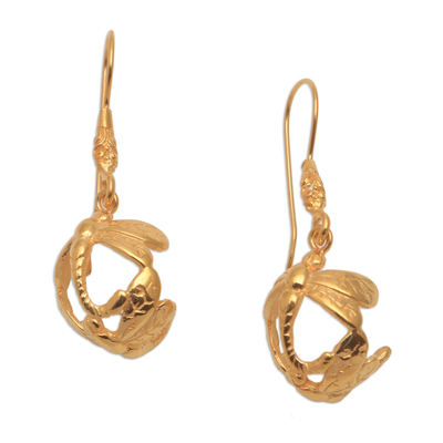 Gold plated sterling silver dangle earrings, 'Romantic Dragonflies' - Gold Plated Sterling Silver Dragonfly Earrings from Bali