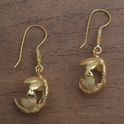 Gold plated sterling silver dangle earrings, 'Romantic Dragonflies' - Gold Plated Sterling Silver Dragonfly Earrings from Bali