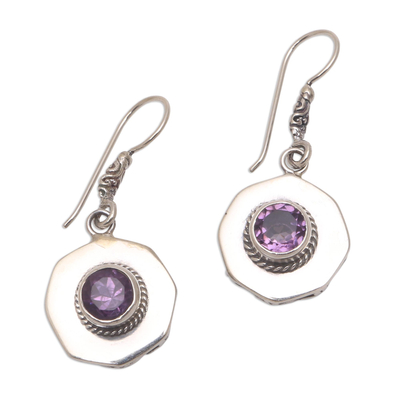 Amethyst dangle earrings, 'Gleaming Lanterns' - Circular Amethyst Dangle Earrings from Bali