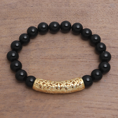 Mens gold accented onyx beaded pendant bracelet, Vine Arch
