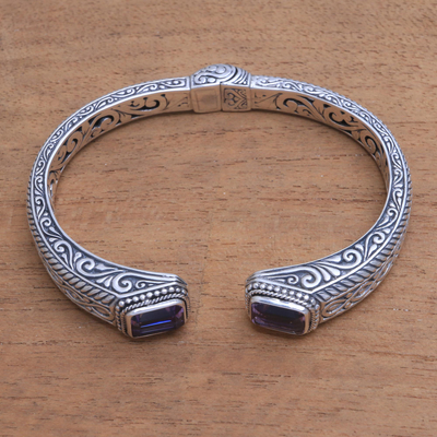 Amethyst cuff bracelet, 'Sukawati Helix' - Helix Pattern Amethyst Cuff Bracelet from Bali