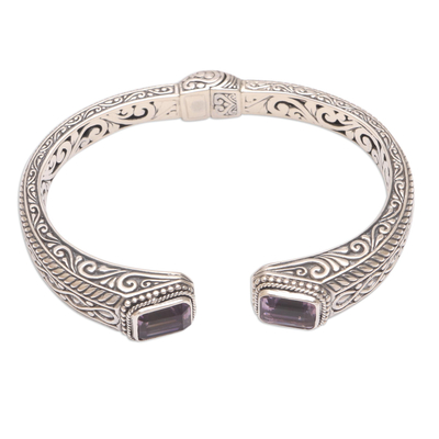 Amethyst cuff bracelet, 'Sukawati Helix' - Helix Pattern Amethyst Cuff Bracelet from Bali