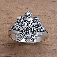 Sterling silver band ring, 'Ancient Turtle' - Sterling Silver Sea Turtle Band Ring from Bali