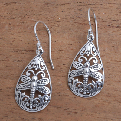 Sterling silver dangle earrings, 'Lone Dragonfly' - Sterling Silver Dragonfly Dangle Earrings from Bali