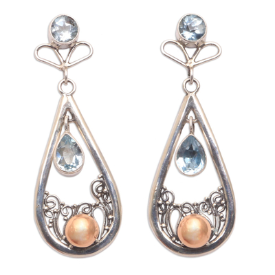 Gold Accented Blue Topaz Dangle Earrings from Bali