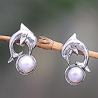 Cultured pearl drop earrings, 'Playful Dolphin' - Cultured Pearl Dolphin Drop Earrings from Bali