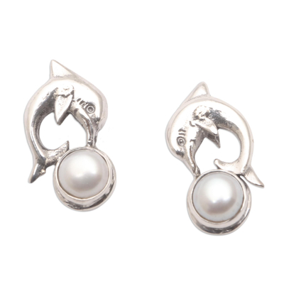 Cultured pearl drop earrings, 'Playful Dolphin' - Cultured Pearl Dolphin Drop Earrings from Bali