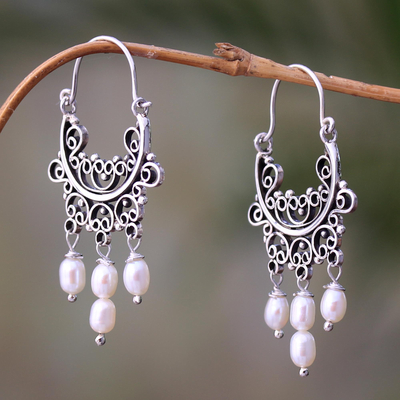 Cultured pearl chandelier earrings, 'Silver-White Dew' - Silver-White Cultured Pearl Chandelier Earrings from Bali