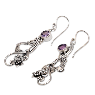 Amethyst dangle earrings, 'Flower Tendrils' - Floral Amethyst Dangle Earrings Crafted in Bali