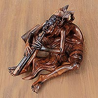 Wood sculpture, 'Balinese Flutist' - Signed Suar Wood Flutist Sculpture from Bali