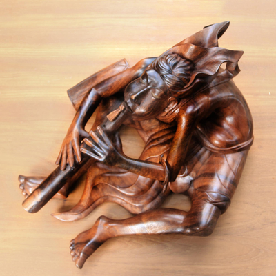 Wood sculpture, 'Balinese Flutist' - Signed Suar Wood Flutist Sculpture from Bali
