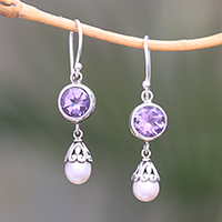 Amethyst and Cultured Pearl Dangle Earrings from Bali,'Fruit of Light'