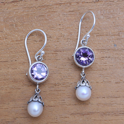Amethyst and cultured pearl dangle earrings, 'Fruit of Light' - Amethyst and Cultured Pearl Dangle Earrings from Bali
