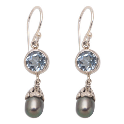 Blue topaz and cultured pearl dangle earrings, 'Fruit of Light' - Blue Topaz and Cultured Pearl Dangle Earrings from Bali