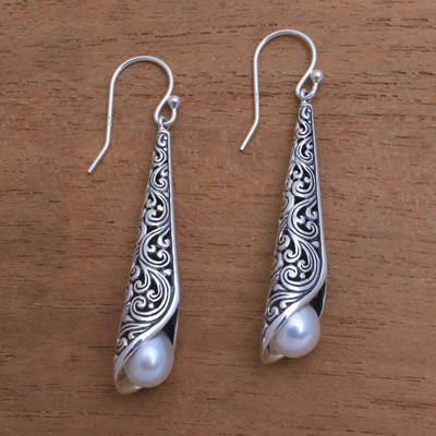 Cultured pearl dangle earrings, 'Balinese Trumpet in White' - White Cultured Pearl Cone Dangle Earrings from Bali