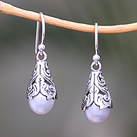 Cultured pearl dangle earrings, 'Little Trumpets in White'