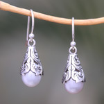 Cultured pearl dangle earrings, 'Little Trumpets in White' - White Cultured Pearl Dangle Earrings from Bali