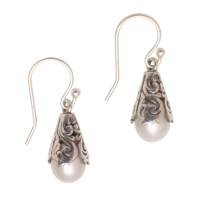 Cultured pearl dangle earrings, 'Little Trumpets in White' - White Cultured Pearl Dangle Earrings from Bali